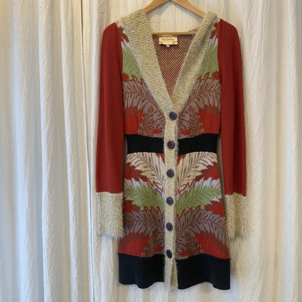 Anthropologie Lia Molly New Orleans Holiday Fern Hooded Cardigan XS Boho Artsy - Picture 2 of 14